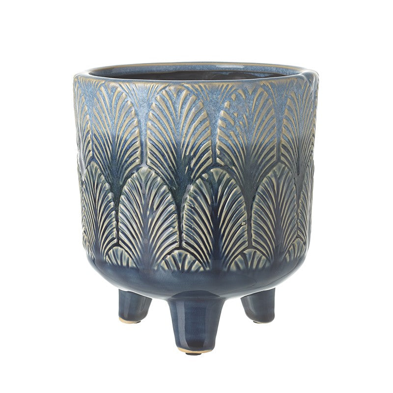 Dark Blue Leaf Pattern Pot With Legs
